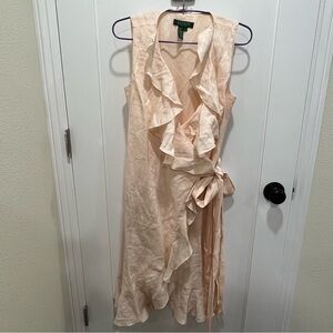 Ralph Lauren 100% Linen Dress Peach Ruffled 8Petit Summer Cottage Coastal Casual